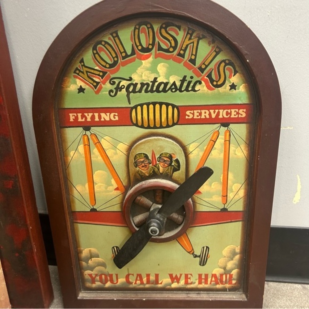Wooden Ad Sign Aviation Flying Services "Koloskis Fantastic" Spinning Prop vtg